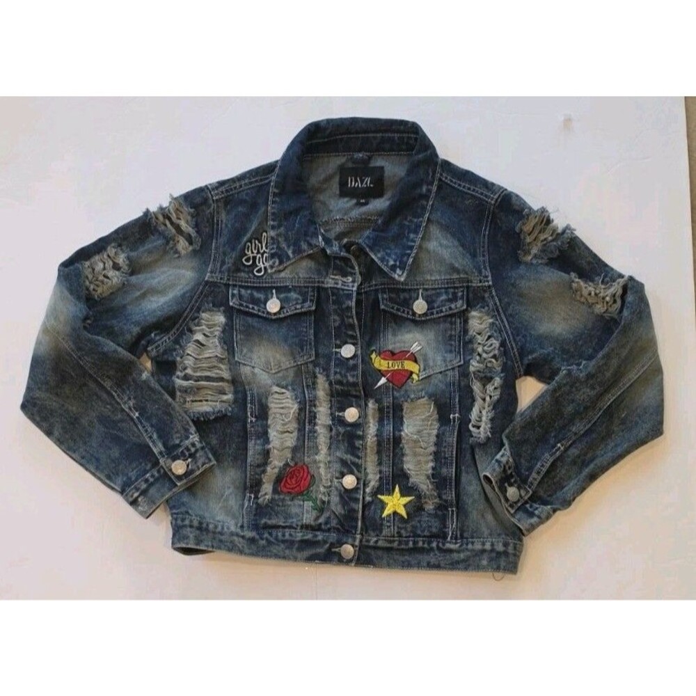 DAZL The Collection Distressed Patched Denim Jacket Plus Size 2X Shredded Punk